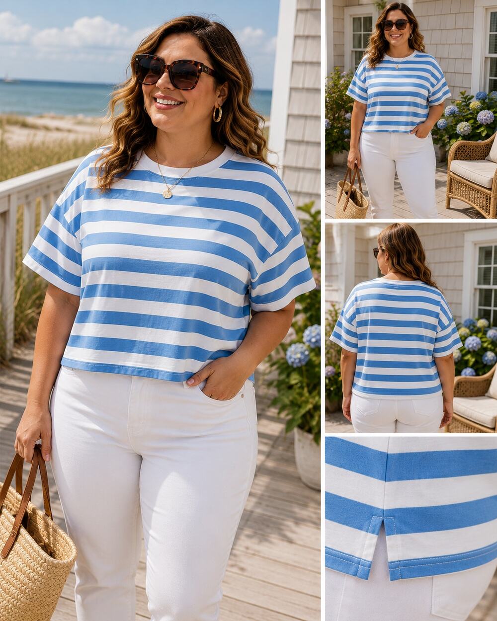 A New Day Blue White Striped Boxy Tee XXL Coastal Casual Top